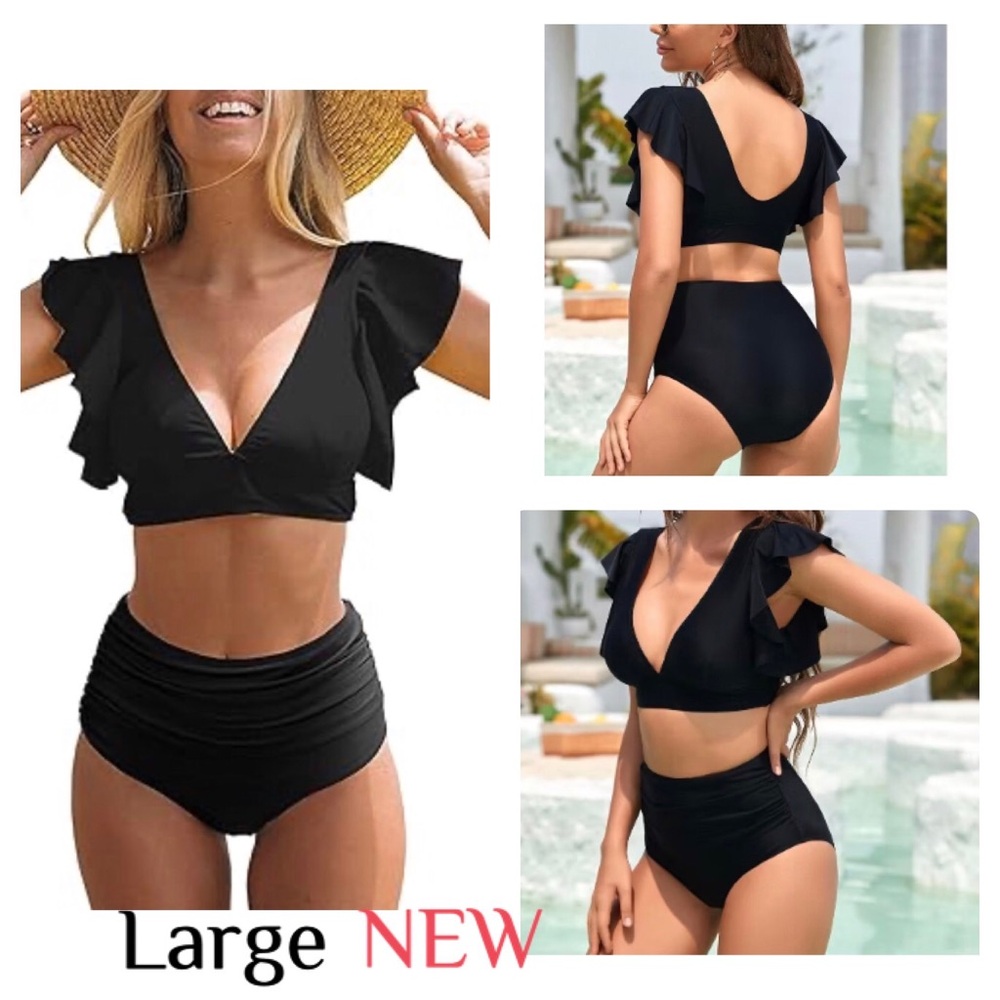 NEW Black Ruffle sleeve 2 piece bathing suit